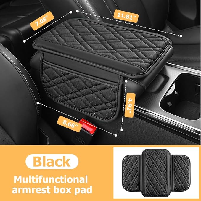 Car Center Console Cover, Leather Vehicle Armrest Cushion Pad with 2 Storage Bags, Comfortbale Automotive Interior Middle Seat Box Protector Accessories, Universal Fit (Black)