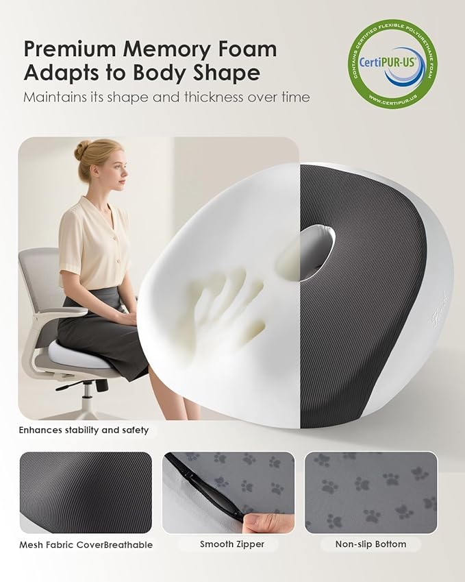 FLORICH Large Car Seat Cushion for Long Sitting, Ergonomic Memory Foam Driving Seat Cushion for Back & Sciatica Pain Relief, Non-Slip Washable Seat Cushion for Car, Driver, Office-Gray