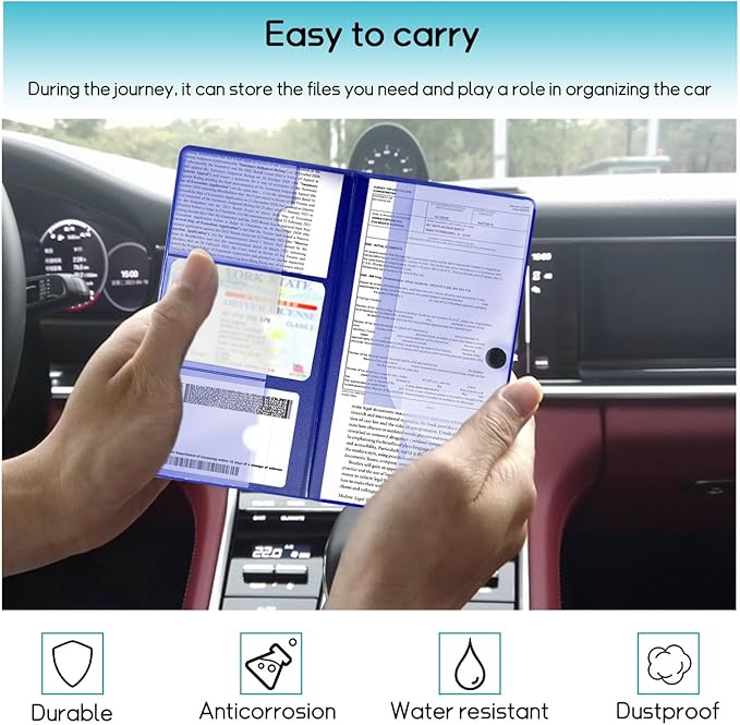 Car Registration and Insurance Holder, 10.39''×9.56'' Essential Auto Card Document Glove Box Organizer with Closure, Universal Car Interior Accessories (Blue, Large Car)