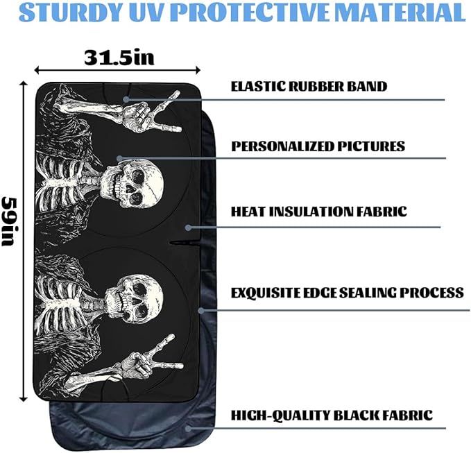 Funny Skull Car Windshield Sunshades Retro Rock Gesture Skull Halloween Front Window Sun Shade Blocks UV Rays Sun Visor Protector for Car Sedan Truck SUV Accessories 59" L x 31.5" W