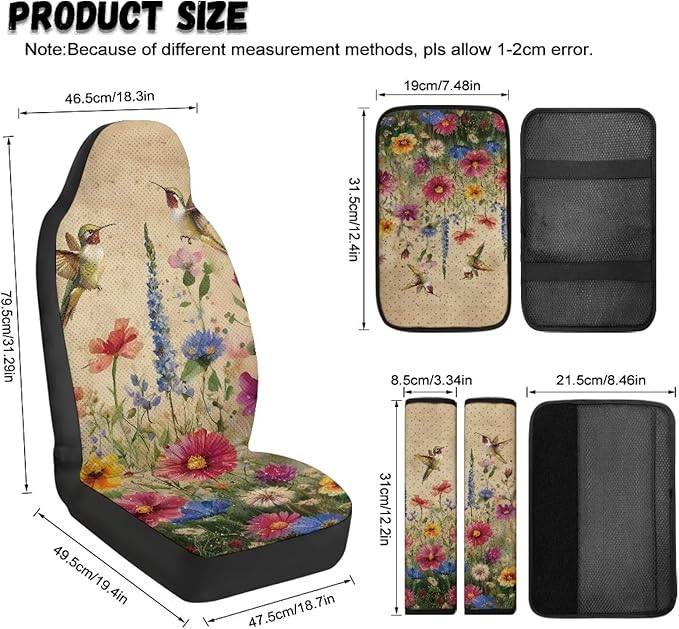 Qeluxign 5 Piece Car Seat Covers Set for Women Men Hummingbird Colorful Floral PU Leather Seat Covers Belt Pads and Armrest Cover Universal Fit Car Accessories