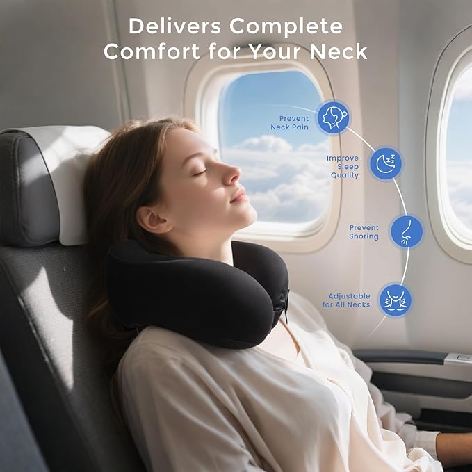 Owlprince Travel Neck Pillow for Airplane, Neck Travel Pillow, Upgraded Soft 100% Pure Memory Foam - Lightweight and Stowable - Ergonomic Design for Long Flights, Car, Train, Office Use