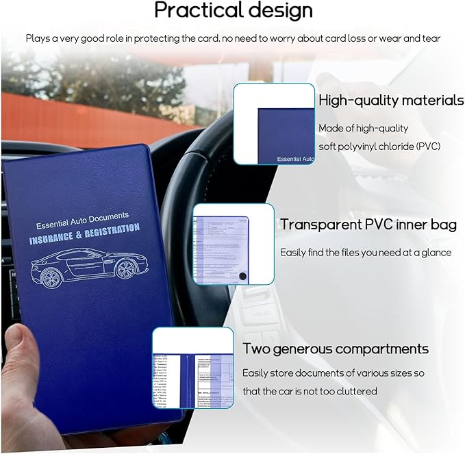 Car Registration and Insurance Holder, 10.39''×9.56'' Essential Auto Card Document Glove Box Organizer with Closure, Universal Car Interior Accessories (Blue, Large Car)