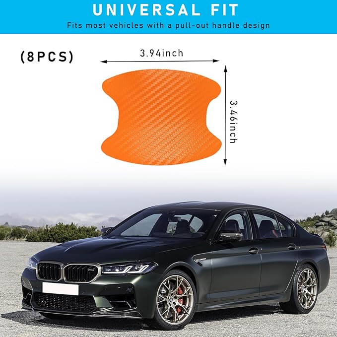 Ziciner 8 PCS Car Door Handle Sticker, Carbon Fiber Texture Auto Door Handle Protective Films, Anti-Scratches Door Side Handle Paint Guard, Universal Vehicle Accessories for Most Car (Orange)