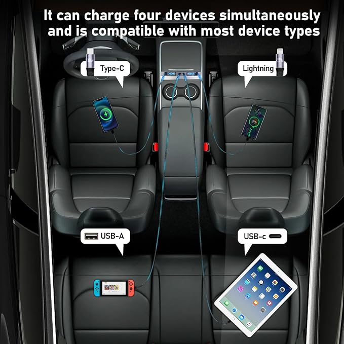 65W USB Charger Hub for Tesla Model Y Juniper 2025,2026 Accessories- 4-Port Fast Charging Hub with Sliding Cover, 2 Type-C Docking Station for Tesla Model 3 Highland 2024-2026