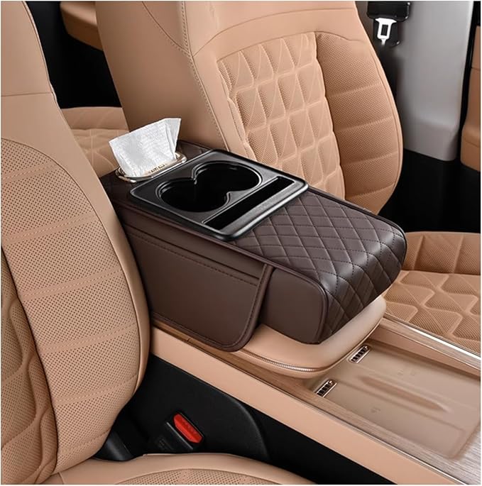 HZEL Car Center Console Cover, Leather Vehicle Armrest Cushion with Storage Bags, Cup Holder ＆ Tissue Box, Waterproof Auto Interior Arm Rest Seat Box Pad, Universal Fit (Coffee)