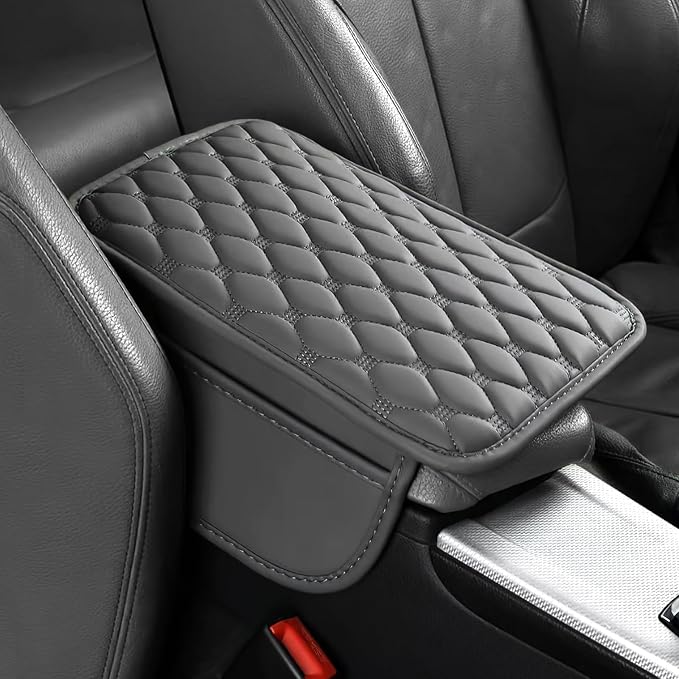 Car Center Console Cover, Leather Auto Armrest Cover Protector, Waterproof Armrest Center Console Pad with 2 Storage Bags, Universal Armrest Seat Box Pad for Vehicle SUV Truck (Gray)