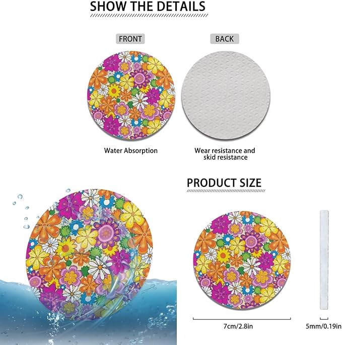6 PCS Hippie Daisy Print Steering Wheel Cover Flower Car Armrest Cover Handbrake Coer Car Interior Sets for Men Women Fit for Trucks Vans Suvs