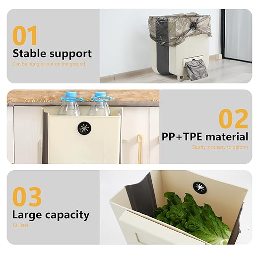 Collapsible Trash Can for Kitchen, Hanging Trash Can with 60 Pcs of Garbage Bags, Plastic Folding Garbage Bin, Compost Bin Kitchen 2.64 Gallon