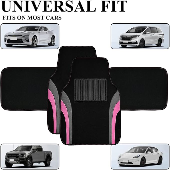 CAR PASS Leather Sporty Car Floor Mats Carpet, Universal Waterproof Automotive Floor Mat Fit for Sedans, Cars, Mid Trucks, Vans, SUV, Set of 4 (Black and Pink)