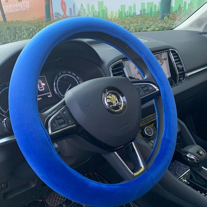 Fluffy Steering Wheel Cover, Short Plush Auto Accessories for Men and Women with Inner Ring Universal 15 Inch (Blue)