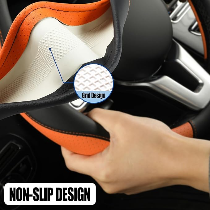 Binsheo Microfiber Leather D Shaped Steering Wheel Cover, Breathable, Anti Slip, Universal 15 inch, Black with Orange