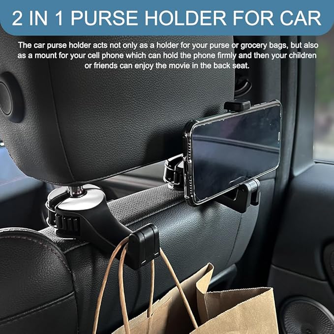2PCS Car Headrest Hidden Hook, Bag Holder for Car, 2 in 1 Auto Seat Hooks with Phone Holder, 360° Rotation Adjustable Vehicle Back Seat Storage Hanger for Purses and Bags (Silver)