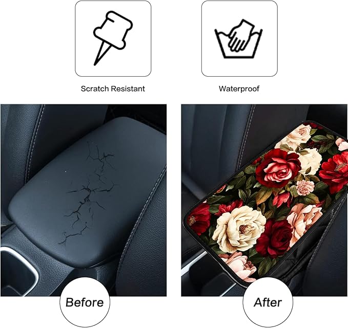 JANENFNA Car Armrest Cover Pads Universal Fashion Cute Auto Center Console Armrest Cover Pad with 2PCS Car Coasters Soft Waterproof Car Armrest Seat Protector for Women,Beautiful Roses Flowers