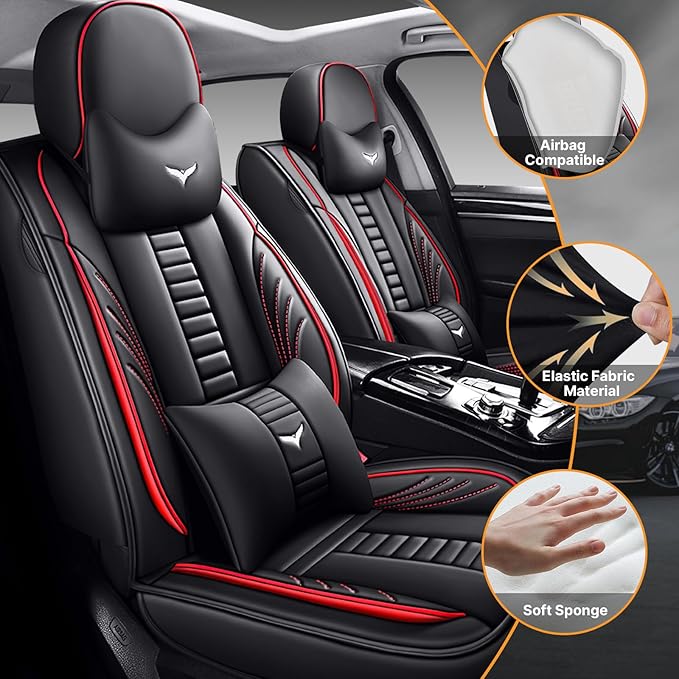Pengchen Luxury 2 Seats Car Seat Covers Protectors for Honda Crosstour 2012-2015, Back Storage Bag Design & Headrest Pillow & Lumbar Support Black & Red Line