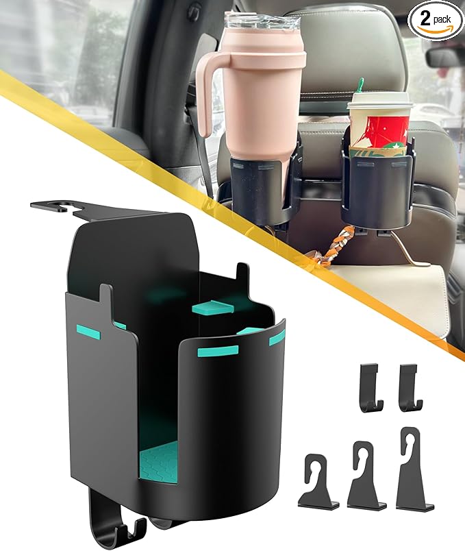 Headrest Cup Holder for Back Seat, Stable Spill-Resistant Drink Holder with Hooks for Bags, Fits 50oz Bottles, Compatible with Sedans, SUVs, and Trucks 2 Pack