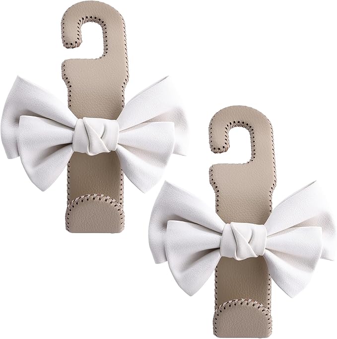 TISOHUGO Car Purse Hook, Cute Bow Hooks for Headrest - Leather U-Shaped Purse Holder for Car, Flexible Seat Back Organizer & Durable Vehicle Accessories for Bags, Coats & More (Beige-2 Pack)