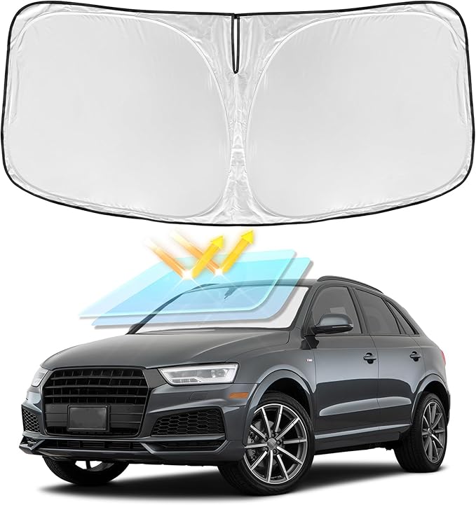 for Audi Q3 2019-2025 2026 Windshield Sun Shade - 4 Layers Car Sunshades for Front Windows Shade Cover Custom Fit Q3 Sun Visor 240T Retractable Shade Blocks UV Rays Car Accessories