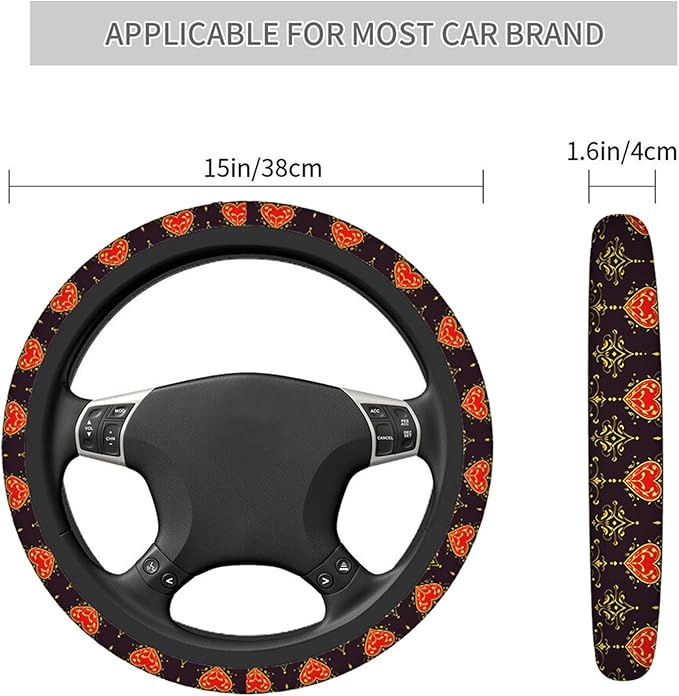 Swono Steering Wheel Covers Baroque Beautiful Ornamental Red Heart S with Crown Baroque Style Non Slip Neoprene Car Wrap Cover Comfort Grip Stretch-On Automotive Steering Wheel Protector 15 Inch