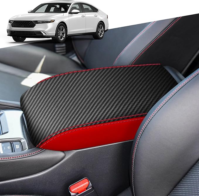 for Honda 11th Accord 2023 2024 Center Console Cover Anti-Scratch Waterproof Leather Armrest Pad Protector Cushion Interior Accessories(Carbon Fiber + Red)
