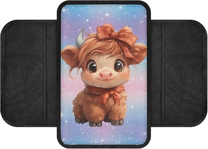 Dreaweet Center Console Cover Cute Highland Cow Car Accessories for Women Universal Arm Rest Cover for Truck Car SUV,Car Console Covers with Pockets Comfortable Car Armrest Cover Cushion Pad