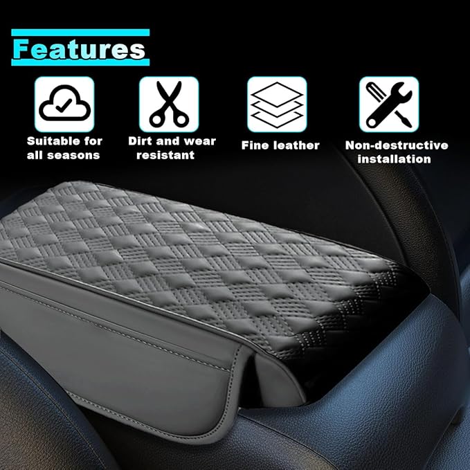 Car Center Console Cover with Storage Pocket, Waterproof Leather Car Armrest Cover Cushion Pad Distributes Elbow Stress, Non-Slip Middle Console Storage Box Covers for Most Vehicles (Grey)