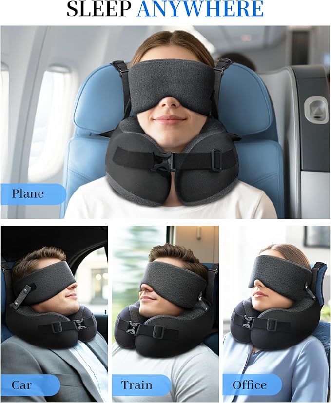 Travel Pillow for Long Flight Airplanes, Head Strap with Soft Eye Mask for Sleep, Memory Foam Travel Neck Pillow for Car Trip Essential, 360° Headrest Support to Stop Bobblehead, EVA Travel Case, Grey