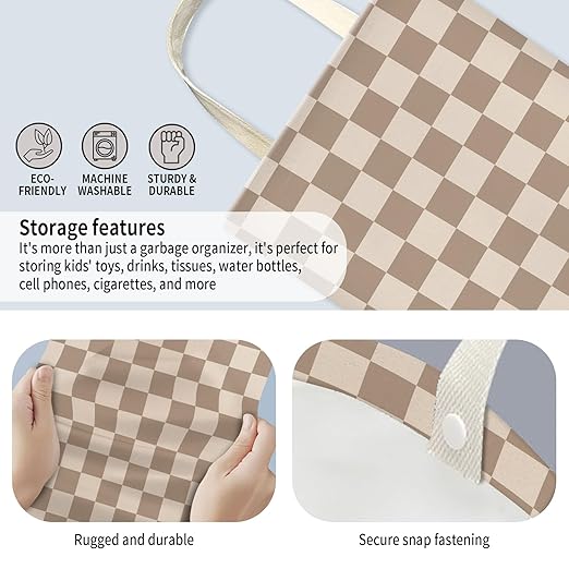 AUEKLLW Car Trash Can, Hanging Garbage Bin for Men and Women, Cute Car Organizer and Storage Bag, Canvas Vehicle Trash Can Bag Easy-to-Install Cute Checkboard