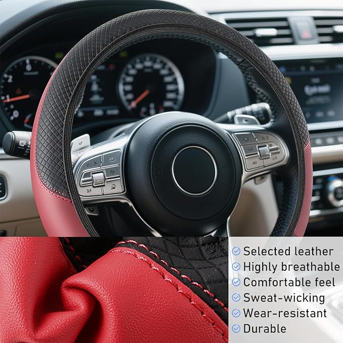Car Steering Wheel Cover, Elastic Stretch Leather Non-Slip Vehicle Steering Wheel Guard, Automotive Interior Protective Decor Accessories, Universal for SUV RV Truck (Wine Red)
