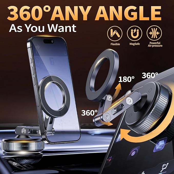 Vacuum Magnetic Car Phone Mount for MagSafe, 360° Adjustable Ball Joint, Strong Suction Cup Windshield Phone Holder with Aluminum Alloy Telescopic Arm