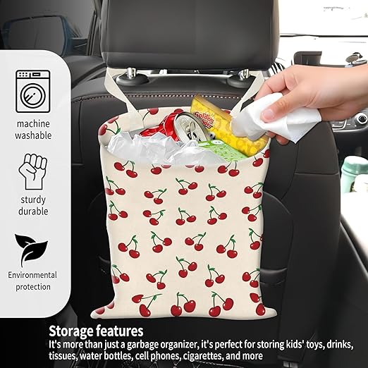 ADQWIOVL Car Garbage Can, Seat Back Hanging Cute Car Trash Can Bag, Car Organizer and Storage Bag for Travelling, Outdoor Cute Red Cherry