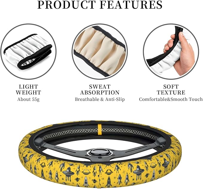 Space and Alien Neoprene Steering Wheel Covers Women Men Car Accessories, Universal 15 Inch Fit Auto, Suvs, Truck