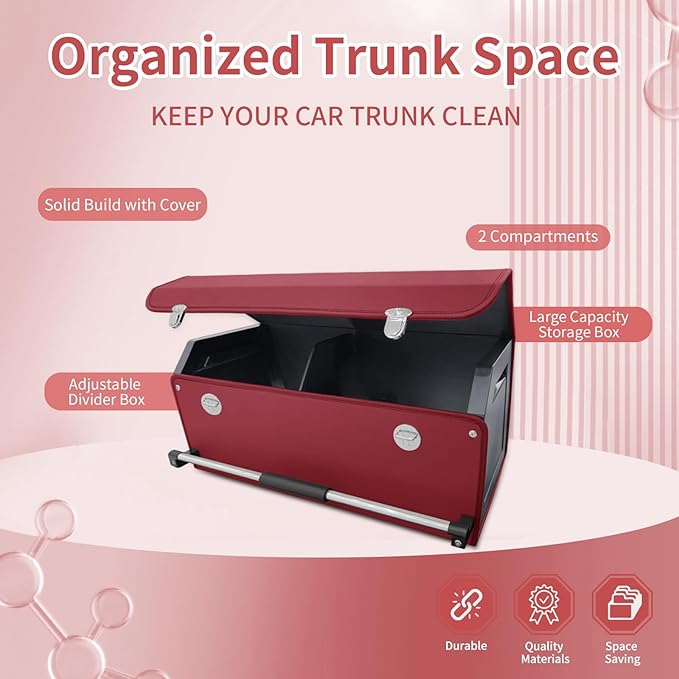 XCF Car Trunk Organizer, Trunk Organizer for SUV with Push-pull Handle and Lid Car Leather Trunk Storage Box (Claret, 27.17 x 11.42 x 12.2in)