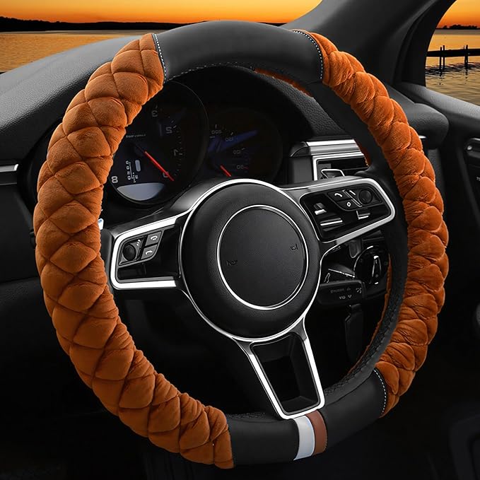 Cxtiy Universal Car Steering Wheel Cover Fluffy Winter Plush Steering Wheel Cover (A-Brown)