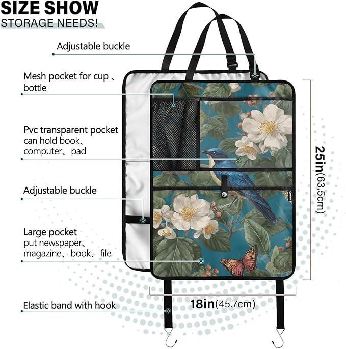 2 Pack Back Seat Car Organizer with Storage Pockets Kick Mats Back Seat Protector Hanging Car Organizer Automotive Seat Back Cover Organizers Vintage Blue Bird Flowers Butterflies
