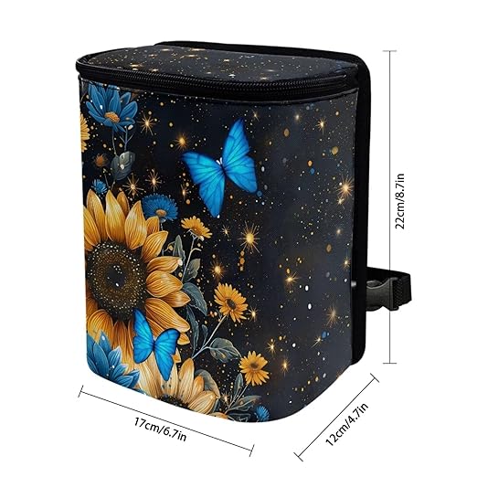 Sunflower Auto Car Trash Can Hanging Car Garbage Bag with Lid Washable Leak Proof Car Trash Bin Hanging for Front Back Seat，Blue Butterfly Sunflower Vehicle Rubbish Bin