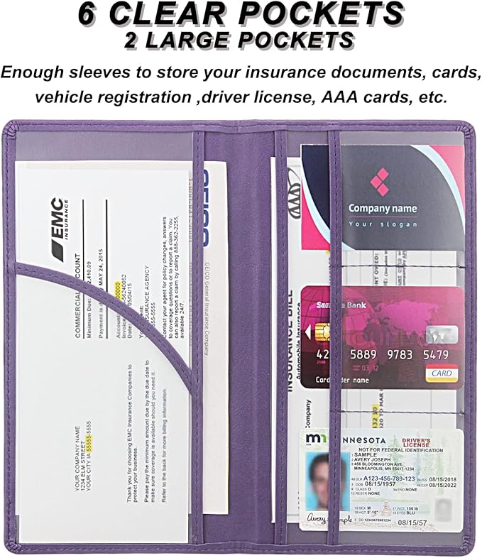 Car Registration and Insurance Holder, Premium Leather Insurance and Registration Holder,vehicle Glove Box Car Organizer, with Magnetic Shut for Cards, Driver License (Purple)
