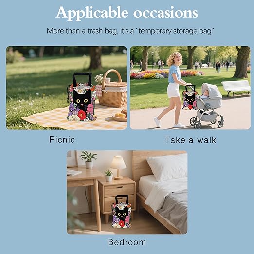 Black Cat on Colorful Flowers Car Garbage Bag,Small Car Trash Bag Hanging,Drawstring Car Garbage Bag with Adjustable Buckle for Car Back Seat,SUVs,Camping,Road Trips