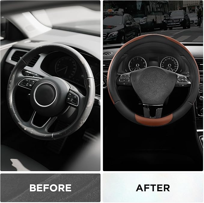 Road Comforts Steering Wheel Cover, Breathable Anti-Slip Leather Steering Wheel Cover, Universal Fit 14.5–15 Inch, Comfortable Grip - Brown Color