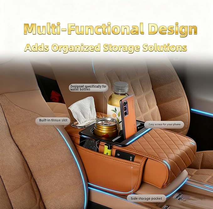 Multifunctional Pu Leather Car Armrest Box Mat, 5-in-1 Waterproof Car Armrest Organizer, Car Armrest Cushion Heightening Pad with Cup Holder, Tissue Boxes for Most Cars (Beige-A)