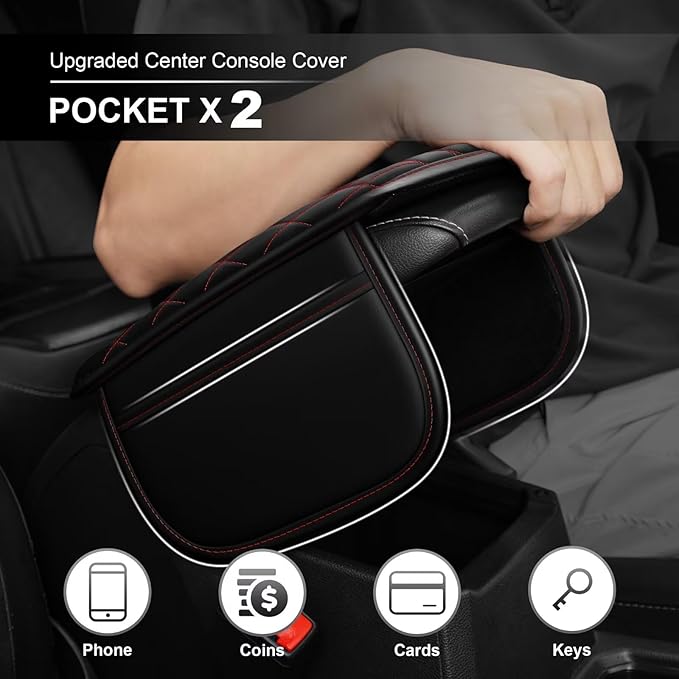 Upgraded Car Center Console Cover Fit for Land Cruiser Faux Leather Car Armrest Cover Cushion with 2 Storage Bags,Car Armrest Storage Box Interior Accessories(Black&Redline)