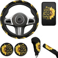 Sunflower Car Accessories for Women 6 PCS Steering Wheel Cover Black Sunflower Cup Coaster Car Armrest Cover Fits Most Cars Trucks Vans and SUV