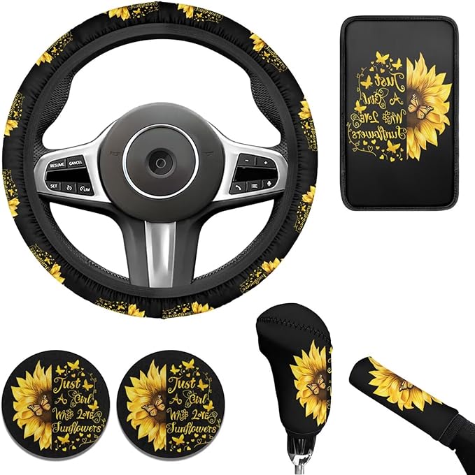 Sunflower Car Accessories for Women 6 PCS Steering Wheel Cover Black Sunflower Cup Coaster Car Armrest Cover Fits Most Cars Trucks Vans and SUV