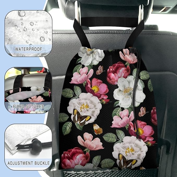 GEGEPINK Car Trash Bag Hanging Back of Seat Waterproof Small Cute Printed One-handed Strap Drawstring Garbage Bags for Car-Black Floral