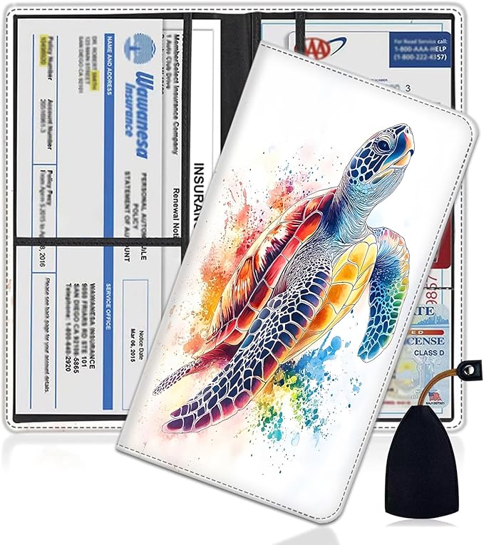 Car Document Holder with Magnetic Shut, Car Registration and Insurance Card Holder, Vehicle Glove Box Organizer Documents, Driver License, Auto Paperwork Organizer Wallet, Colorful Watercolor Turtle