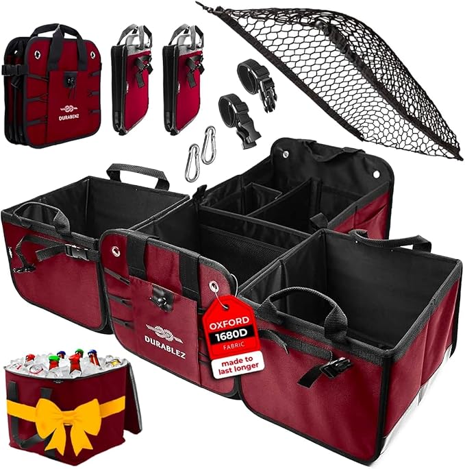 DURABLEZ 5-Section Trunk Organizer for SUV, Truck, Sedan, Van – Modular Extra Large Cargo Storage Bin, Detachable Car Trunk Organizer with Dividers, Collapsible Auto Organization System – Cherry Red