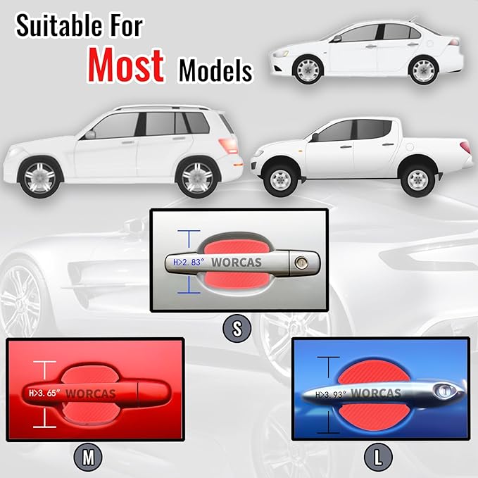 WORCAS 4Pcs Universal 3D Carbon Fiber Car Door Handle Paint Scratch Protector Sticker Auto Door Handle Cups Protective Pad(L-Red)