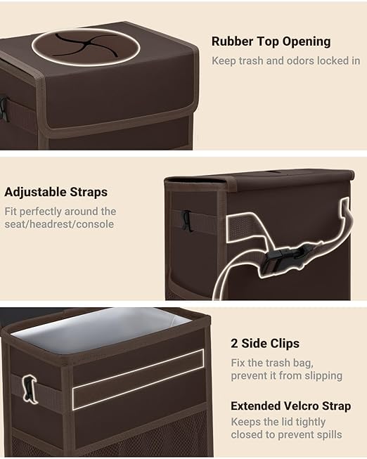 Capolo Car Trash Can with Lid, Leakproof Car Trash Bag Hanging Waterproof Automotive Garbage Can with Storage Pockets Mini Vehicle Trash Bin for Back/Front Seat(Brown,2.5 Gallon)