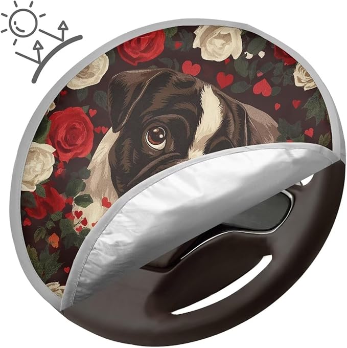 17x17 inch Steering Wheel Sun Shade Retro Pug Dog Love Pattern Universal Block UV Rays Car Rudder Visor Steering Wheels Accessories Universal Fit Car SUV Truck Van