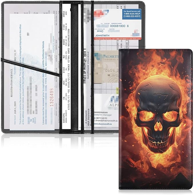 Gothic Fire Skull Car Registration and Insurance Holder Vehicle Glove Box Organizer Car Accessories Wallet Case for Women Men 202a1356